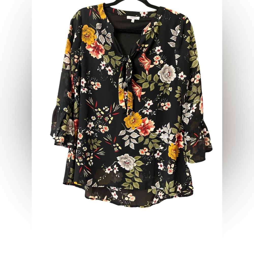 JODIFL Black Floral Tie-Neck Blouse with Yellow & Green Accents